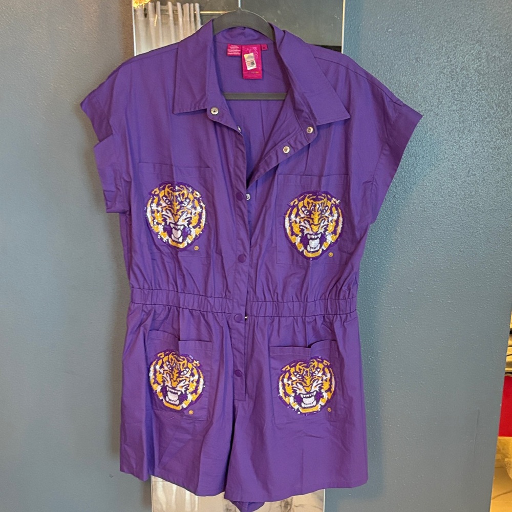 Purple Romper with Tiger Patches